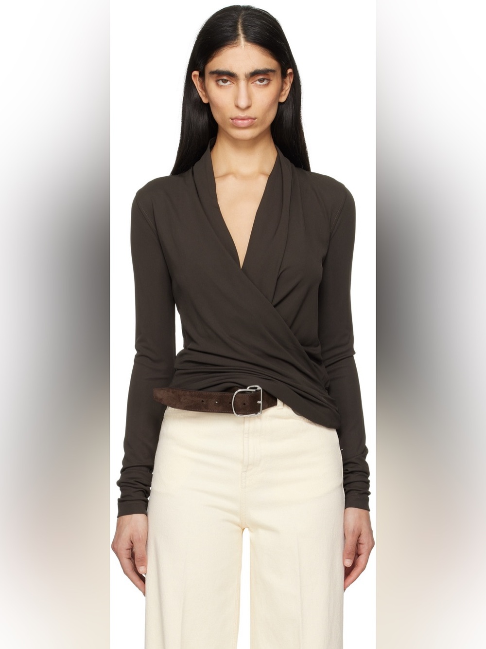 TOTEME Khaki Overlapped Jersey Top Size Small Draped Blouse Old Money - Picture 14 of 14